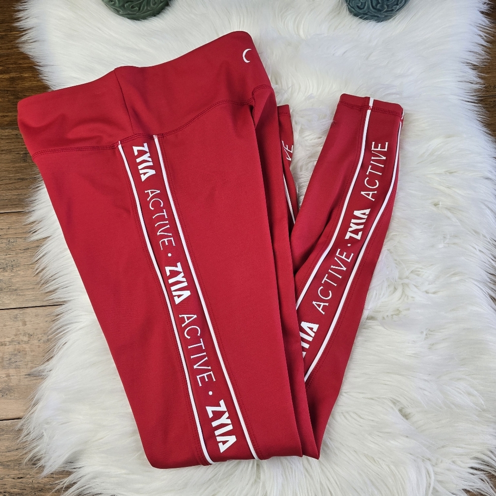 Zyia Light N Tight High Rise Logo Stripe Red Leggings 6-8 - Picture 7 of 12